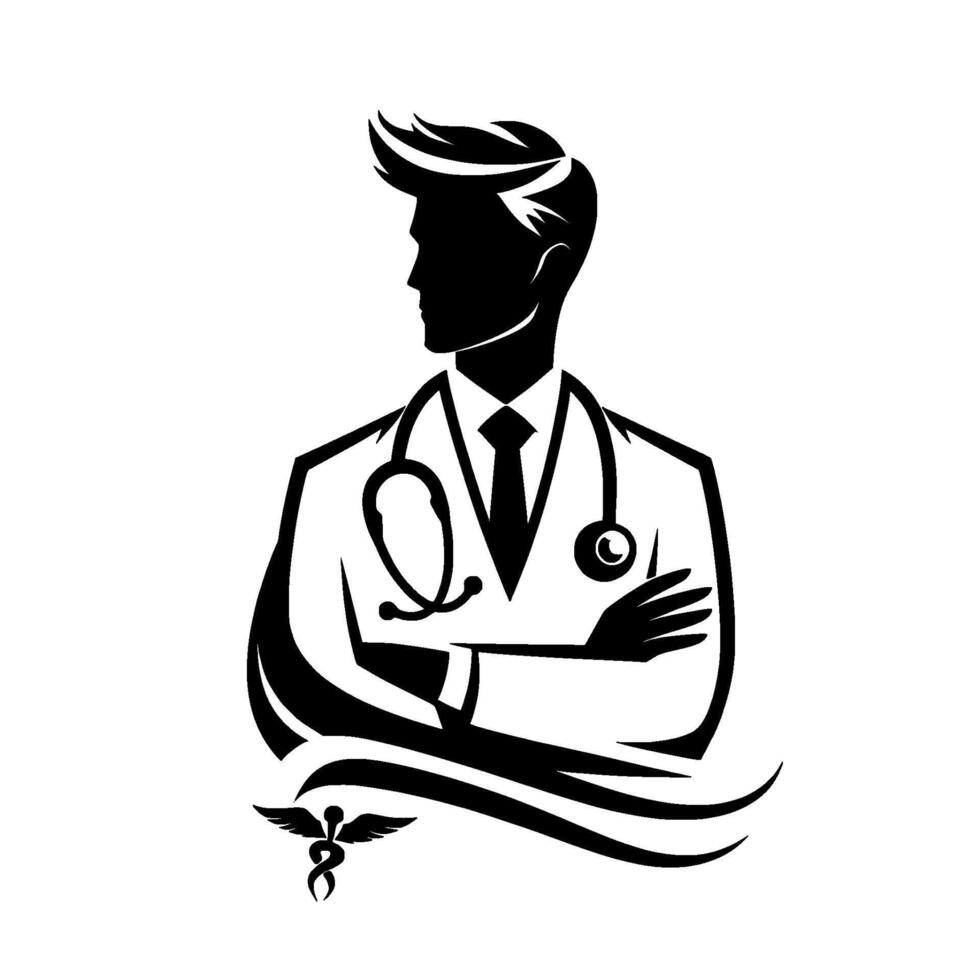 Stylized silhouette of a confident doctor with stethoscope, medical symbol, and crossed arms, in black and white. vector