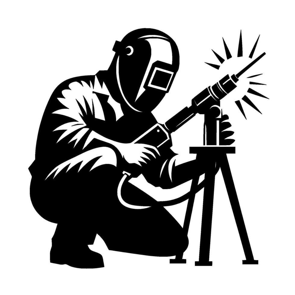 A stylized, silhouetted welder in protective gear, kneeling and using a welding torch on a tripod, with sparks emanating from the tip. vector