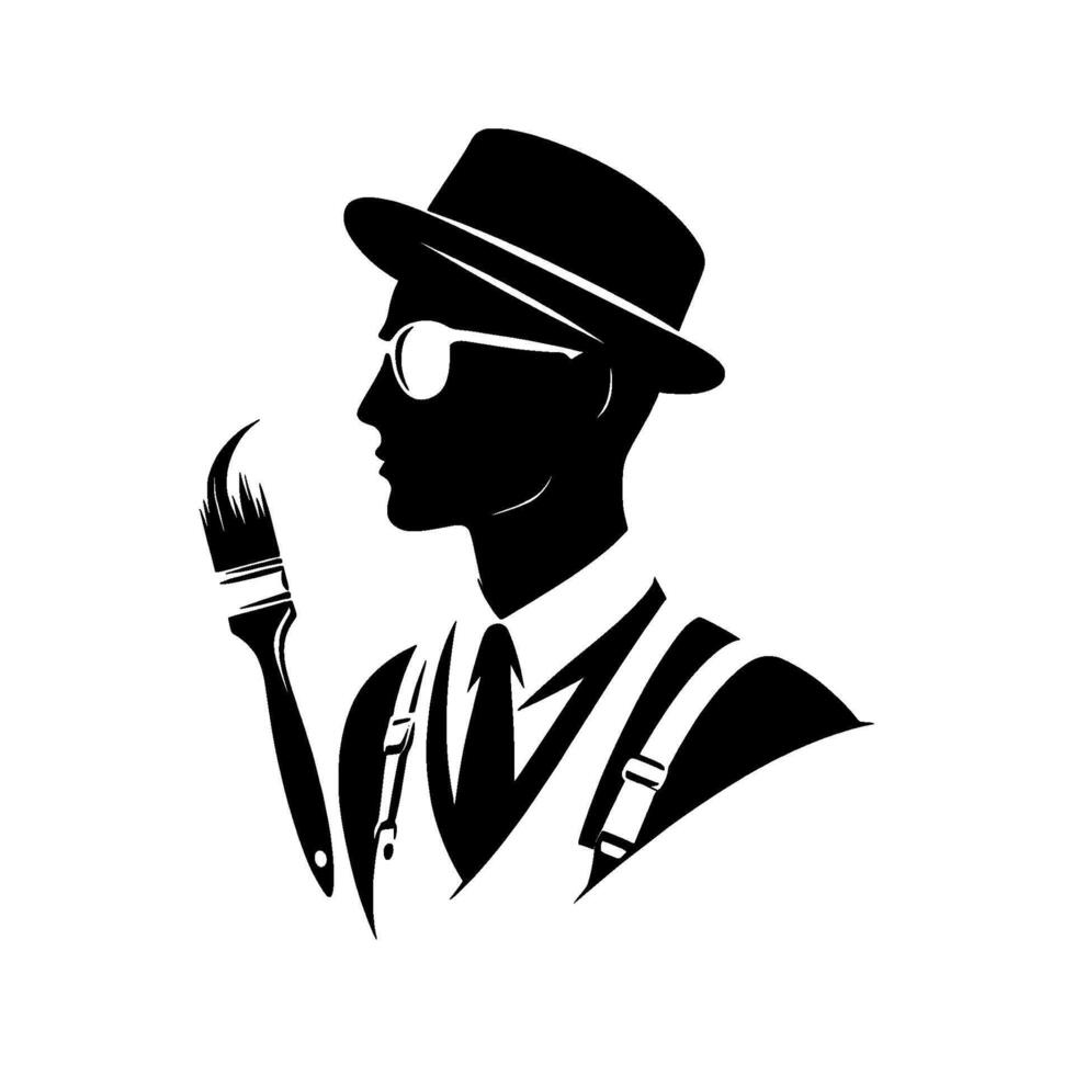 Silhouette of a stylish painter wearing a hat and glasses, holding a paintbrush, suggesting artistic flair. vector