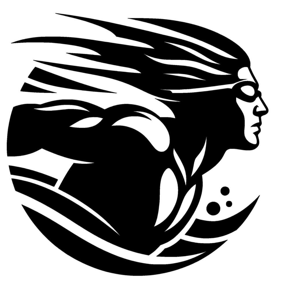A streamlined, dynamic black and white illustration depicting a swimmers profile, emerging from stylized waves, with flowing hair and focused determination. vector