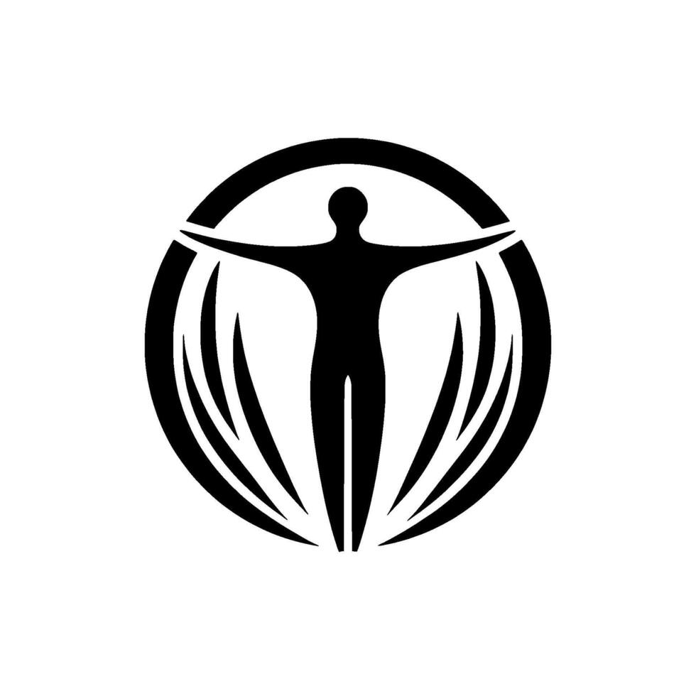 Silhouette of a person with outstretched arms inside a black circular frame with stylized wings, rendered in a minimalist, twotone design. vector