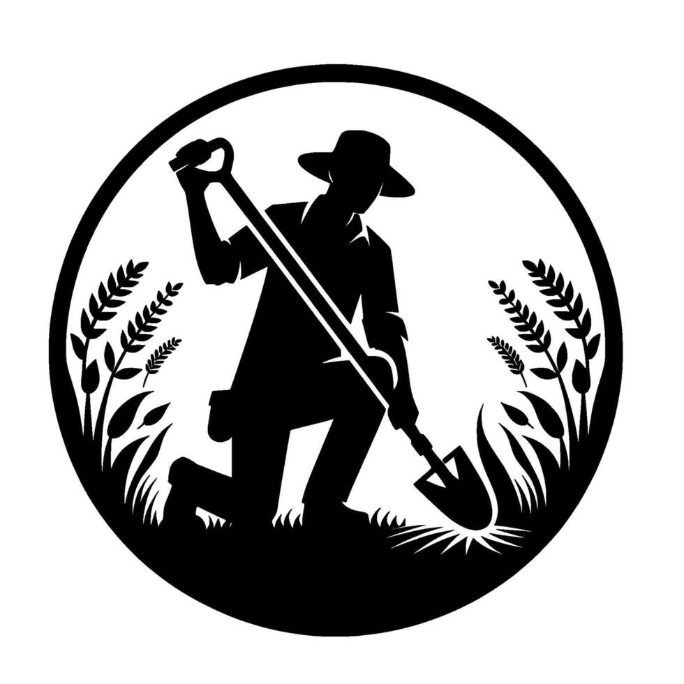 Silhouette of a gardener kneeling with a shovel, within a circular frame, surrounded by wheat stalks and foliage, exuding a sense of nature. vector
