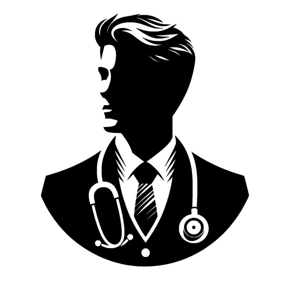 Elegant silhouette of a male doctor with stethoscope, illustrative style on white background, focused profile view. vector