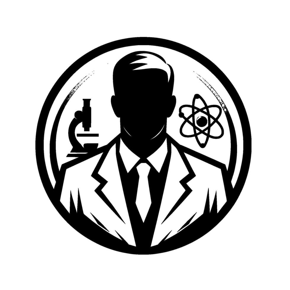 A monochrome emblem of a scientist silhouette within a circular frame, flanked by a microscope and an atom symbol, representing research. vector