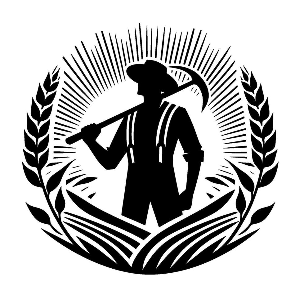 A striking black and white agricultural emblem showcasing a farmer, framed by wheat and rays, holding a tool over his shoulder, centered. vector