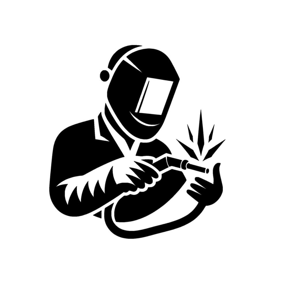 Silhouetted welder in protective gear with spark emanations, black and white illustration on white background. vector