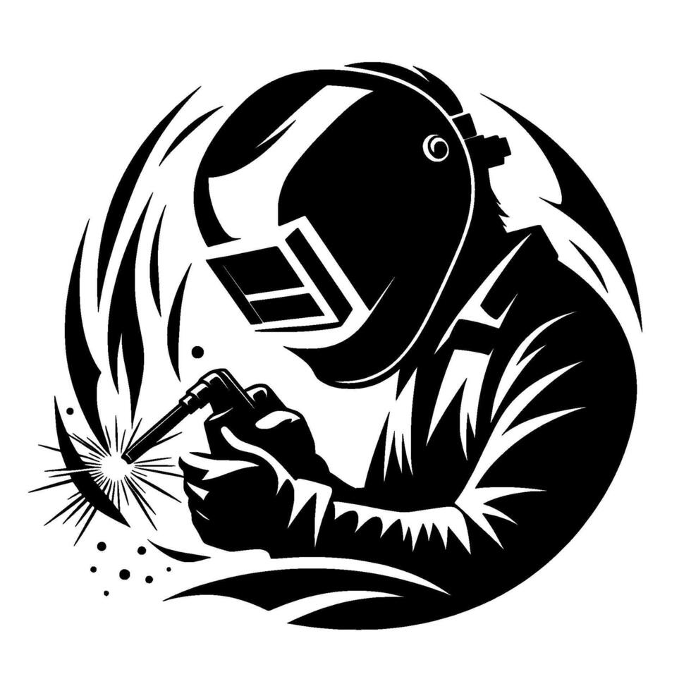 Silhouette of a welder in protective gear, arc welding, circular composition, highcontrast black and white, isolated. vector