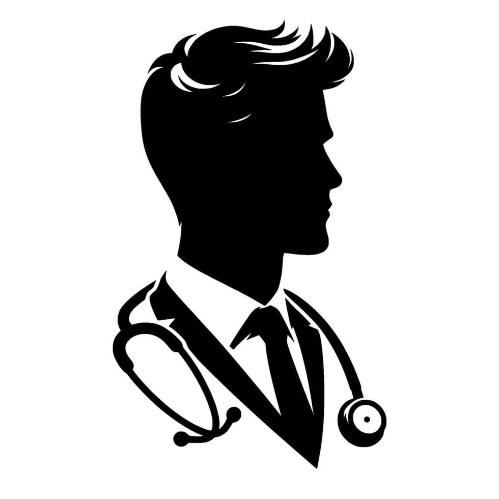 A stylized silhouette of a medical professional in profile, depicting a doctor with a stethoscope, against a clean white backdrop. vector