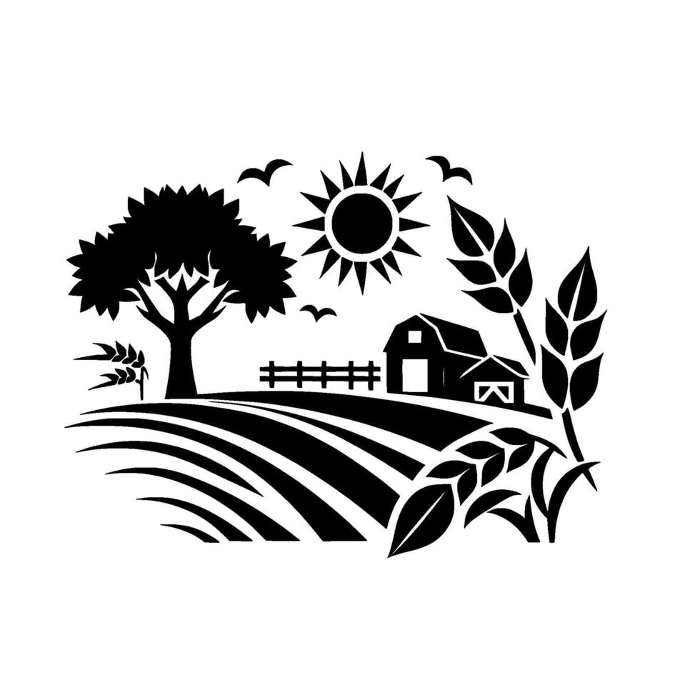 Silhouette of a rural landscape with barn, fields, sun, birds, wheat, and tree in black and white. vector
