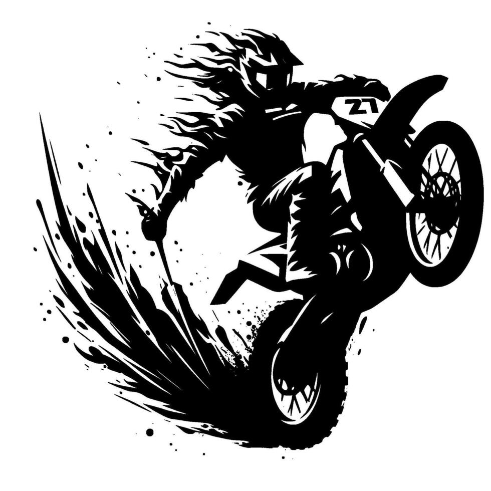 Dynamic silhouette a motocross rider, in midair, performing a wheelie with explosive trail effect, in a bold black and white style. vector