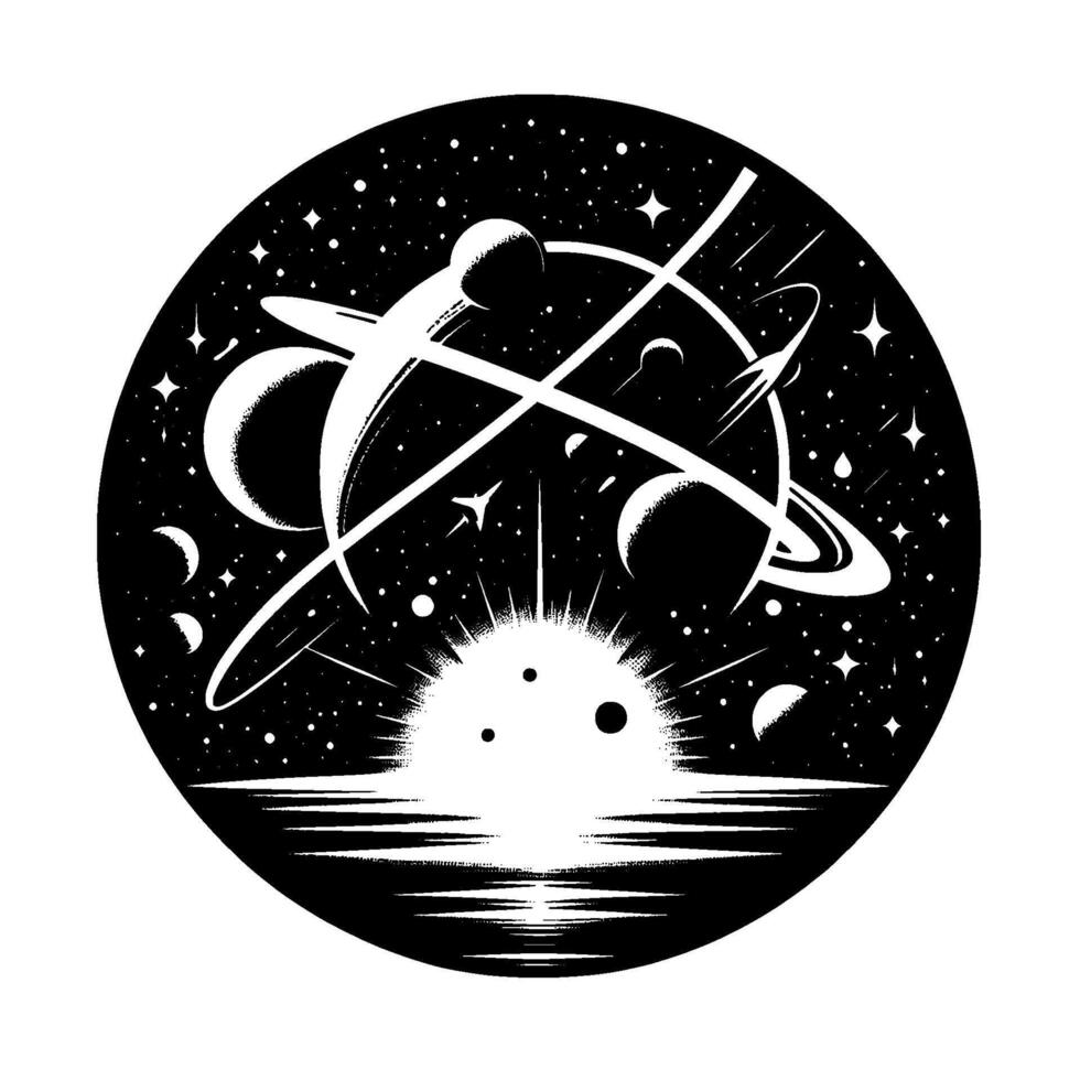 A monochrome cosmic illustration inside a black circle featuring planets, rings, stars, crossbeams and a sunlike burst over reflective water. vector