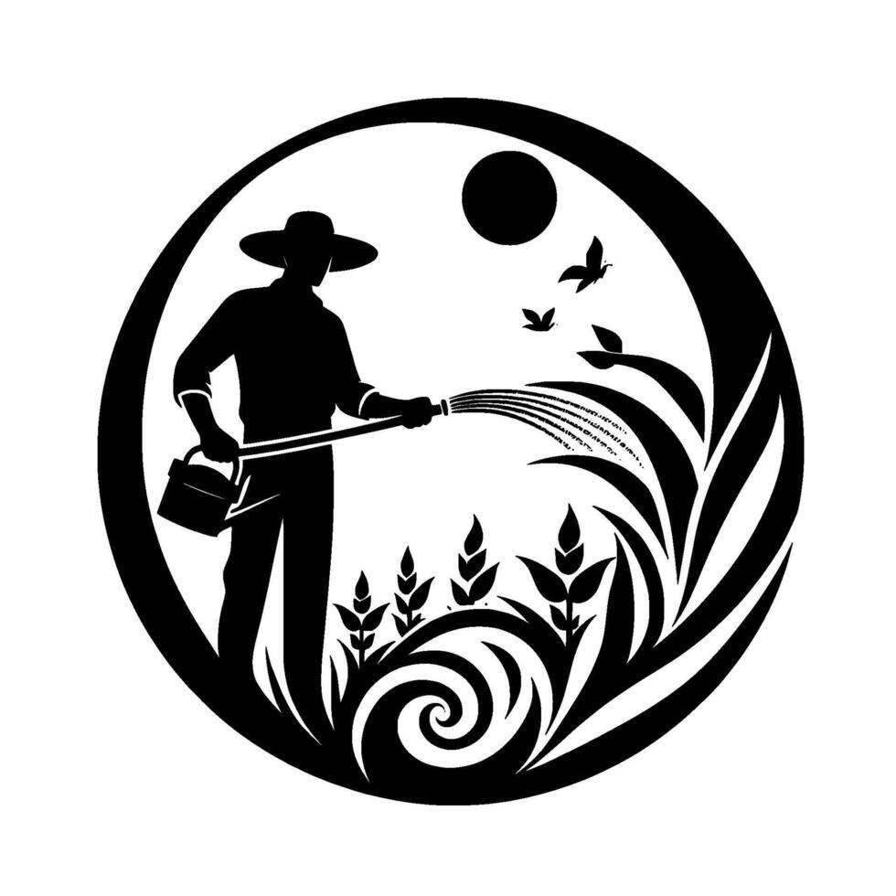Silhouetted farmer in a circular garden, watering crops under a sun and butterflies, in a minimalist black and white design. vector