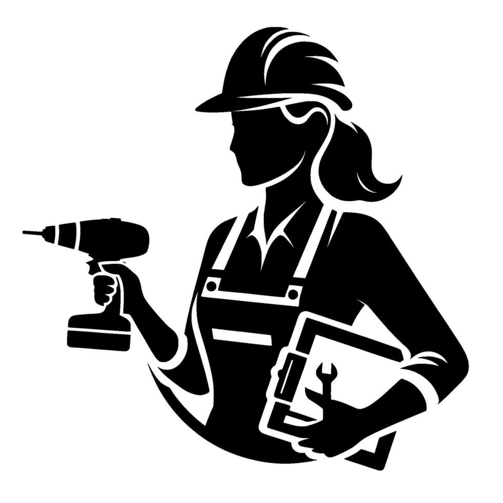 Silhouette of a female construction worker, wearing a hard hat and overalls, holding a drill and a clipboard with a wrench, against a white background. vector