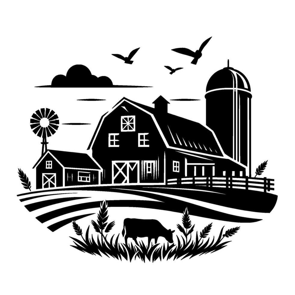 A rural, black and white illustration showcasing a quaint farm scene, featuring a barn, silo, windmill, and cow, with stylized birds and wheat. vector