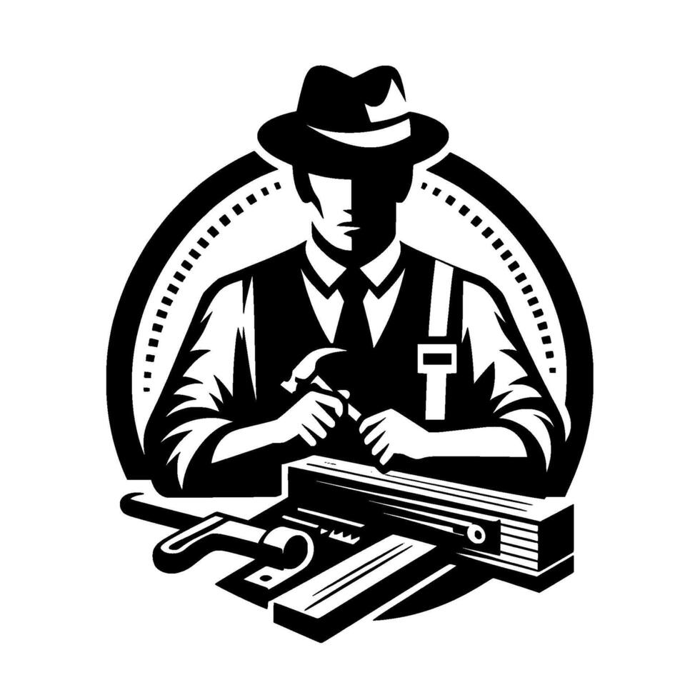Black and white carpenter a fedoraclad craftsman, meticulously hammering, surrounded by tools, set within an oval frame. vector