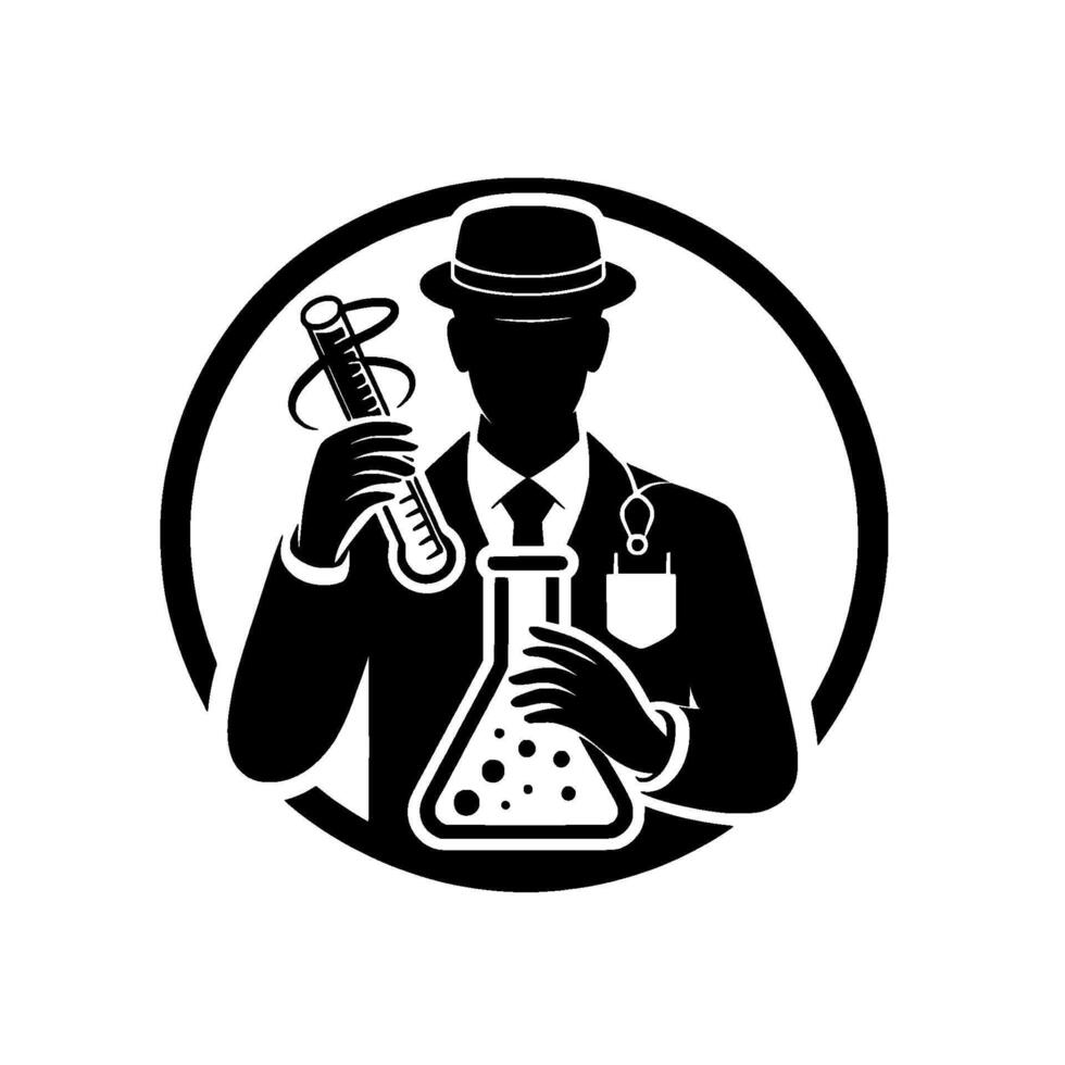 Silhouette of a scientist with hat, holding beakers within a circle, representing science, medicine research. vector