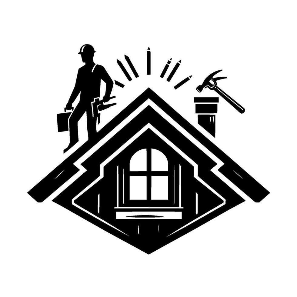 Black and white construction carpenter silhouette, roof with window, chimney, hammer shining elements, representing home repair building trades. vector