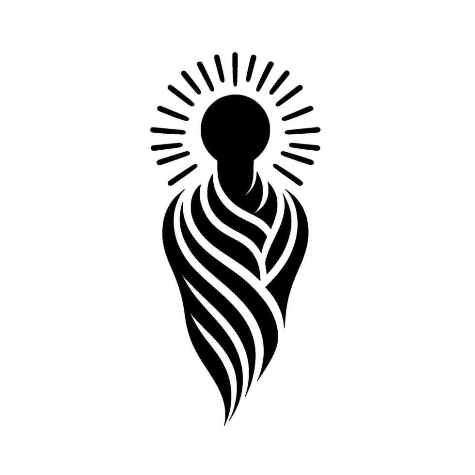A stylized black and white illustration featuring a figure with a halo, representing a spiritual or celestial being wrapped in flowing, patterned robes. vector
