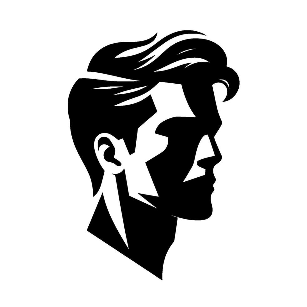 Bold black and white silhouette portrait of a stylish man in profile, featuring geometric shapes and artistic hair detail on white background. vector