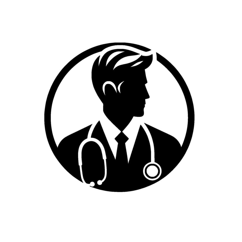 Black and white silhouette of a medical doctor with a stethoscope inside a circle, representing healthcare and professionalism, ideal for logos. vector