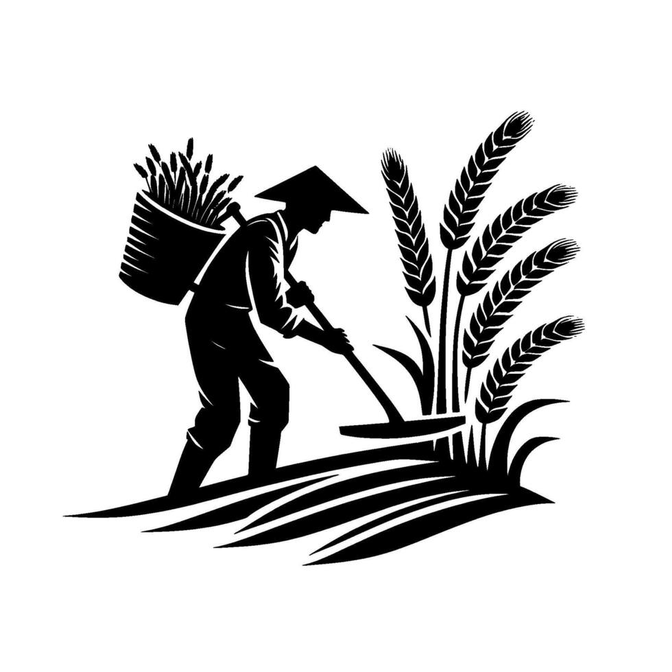 Silhouette of a farmer in a conical hat harvesting wheat, carrying a basket, using a scythe, set against a stark white background. vector