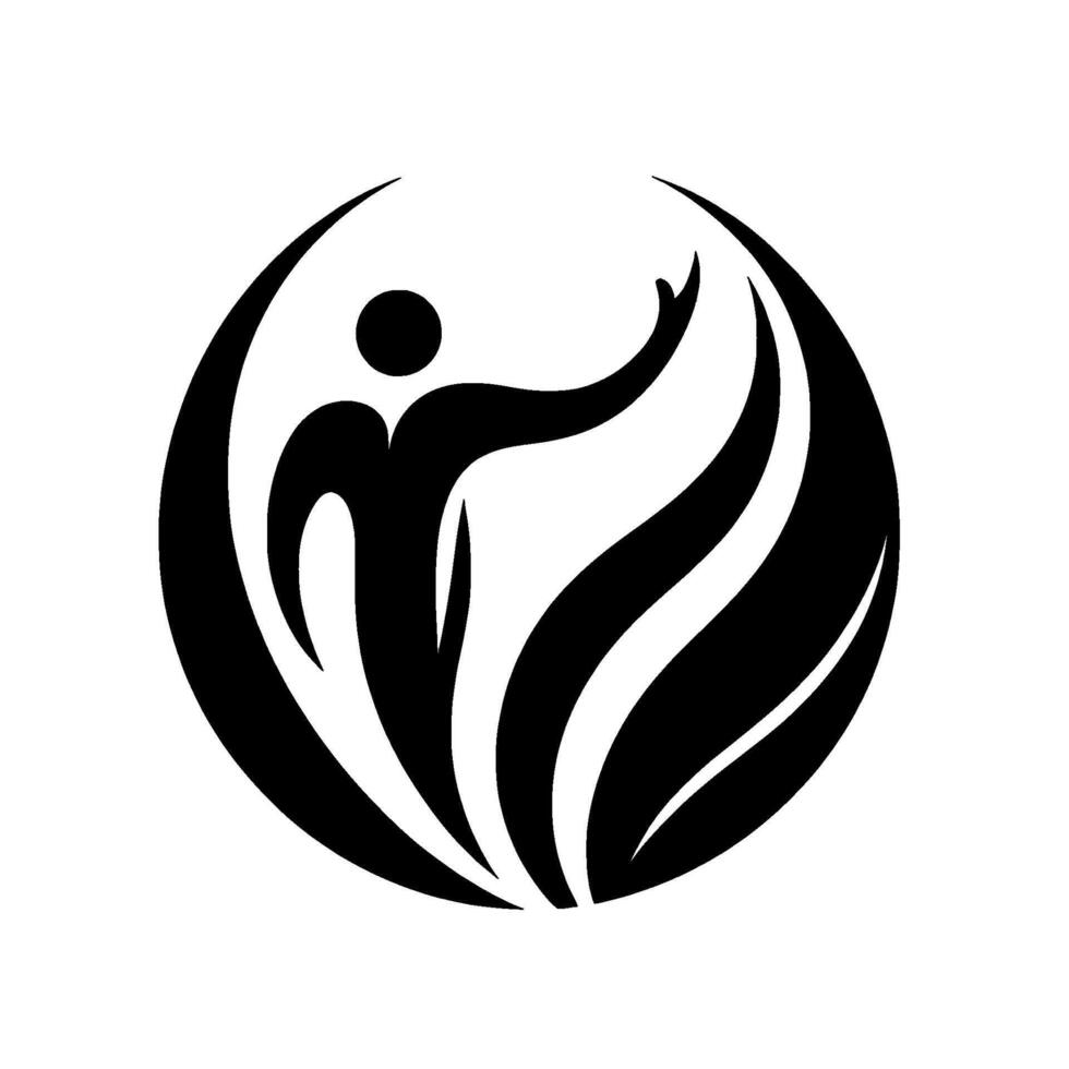 Symbolic minimalist a human figure reaching upwards, integrated into a circular with flamelike organic elements. vector