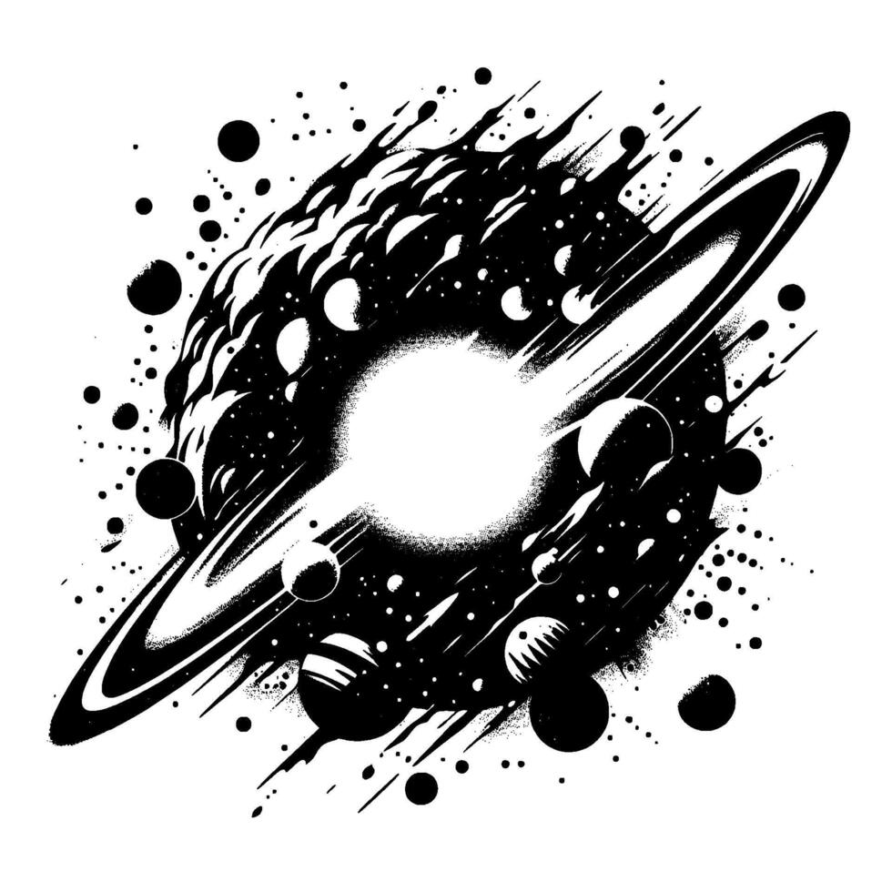 Cosmic burst a monochrome artistic depiction of a supernova, featuring planets, asteroid showers, and a luminous core with orbiting rings, against a pristine white backdrop. vector
