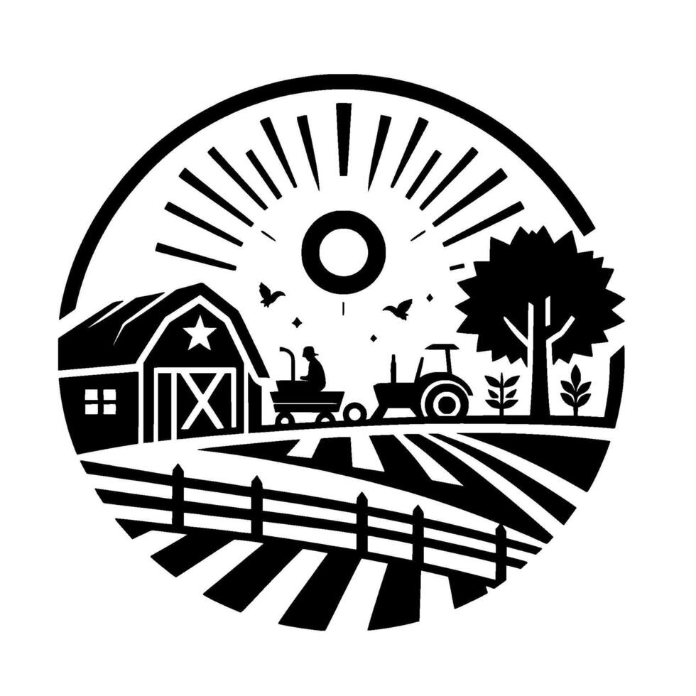 A monochrome circular illustration showcasing a rural farm scene barn, tractor, fields, birds, sun, and tree, symbolizing country life. vector