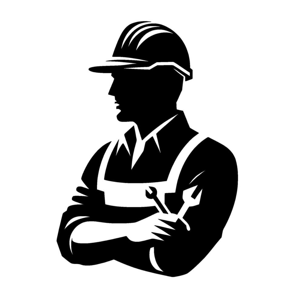 Bold black and white silhouette of a mechanic arms crossed holding wrenches, wearing hard hat, standing proudly. vector