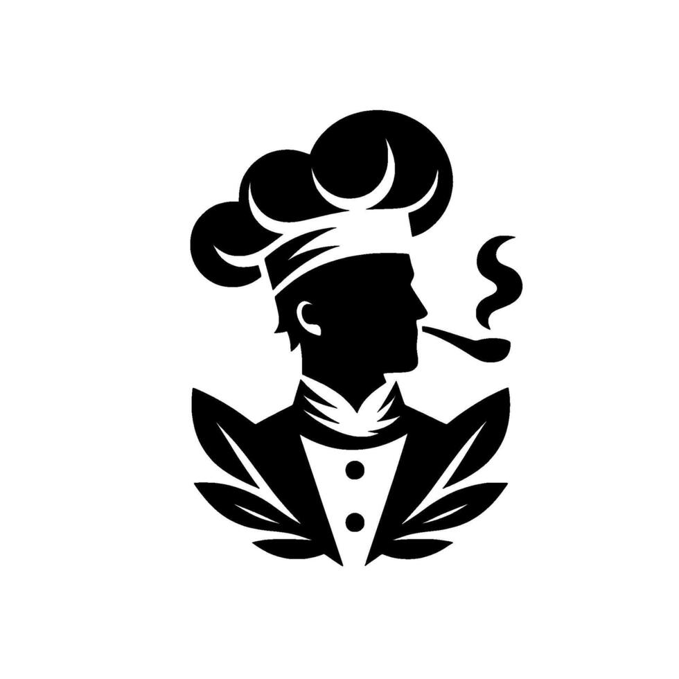 Silhouette of a sophisticated chef with a pipe, wearing a tall chefs hat, adorned with a leaflike design, exuding elegance, simplicity, and culinary expertise. vector