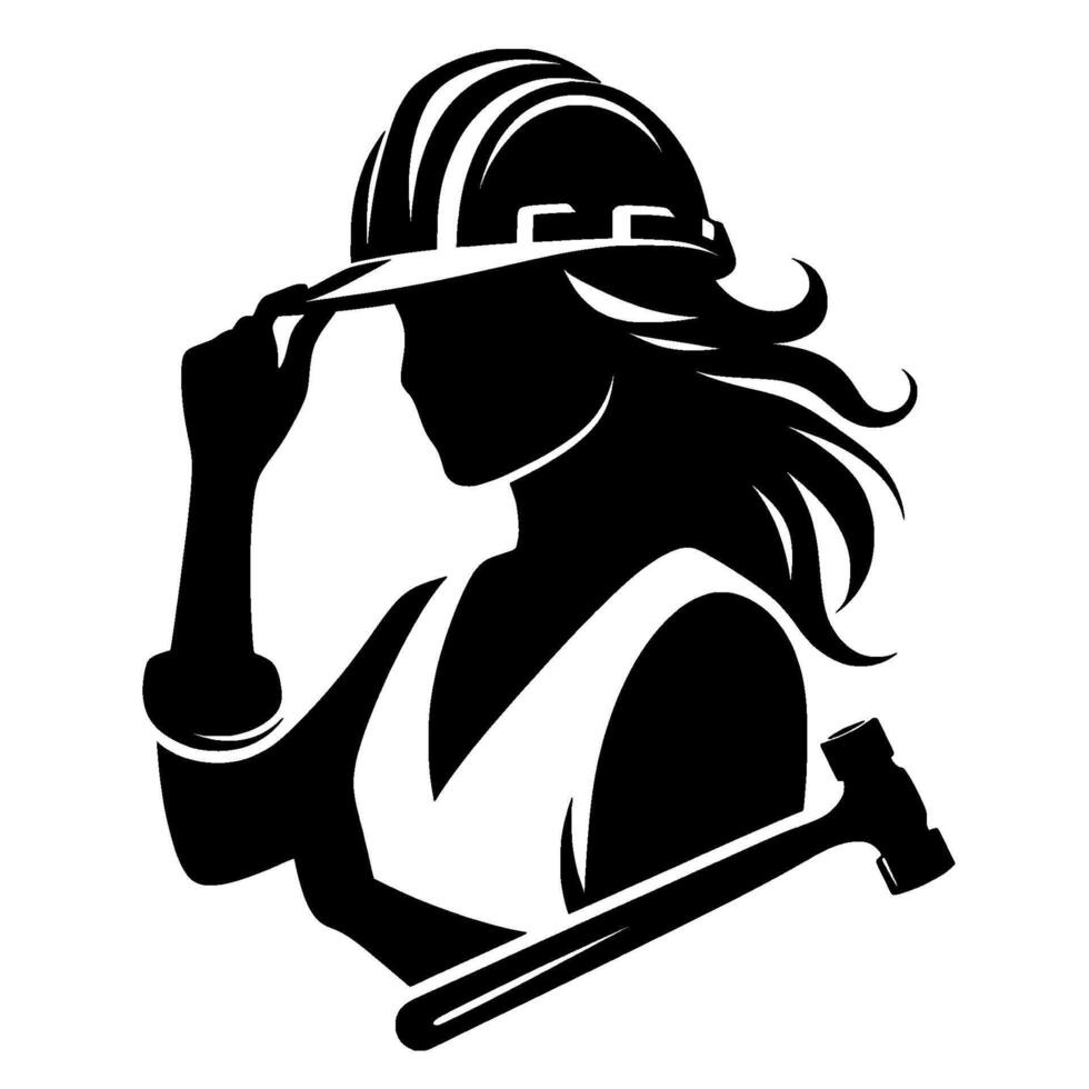 Silhouette of a female construction worker, adjusting her hard hat, holding a hammer, presented in bold black and white. vector