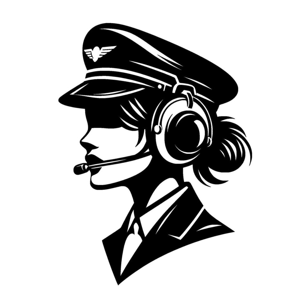 Silhouette of a female pilot, wearing a cap, headset, and microphone, in a side profile, rendered in black and white, conveying professionalism. vector