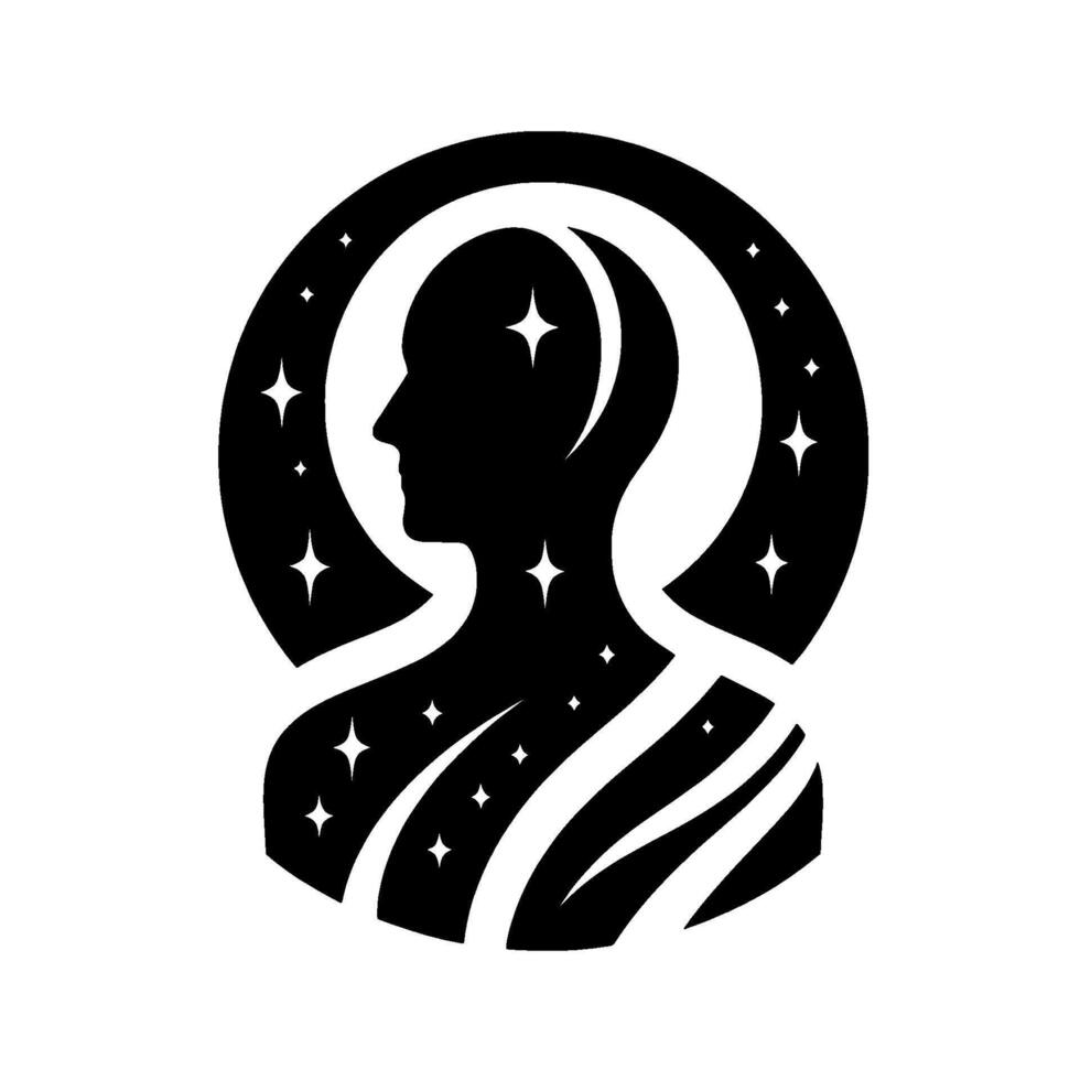 Celestial human silhouette a minimalist black and white illustration of a persons silhouette adorned with stars and a cosmic halo, suggesting inner peace and vastness. vector
