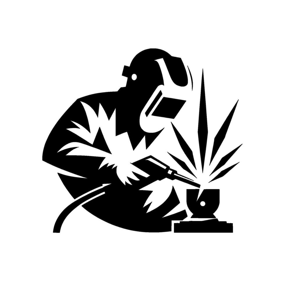 Silhouette of a welder in action, displaying sparks and flames, black and white on a bright white background. vector