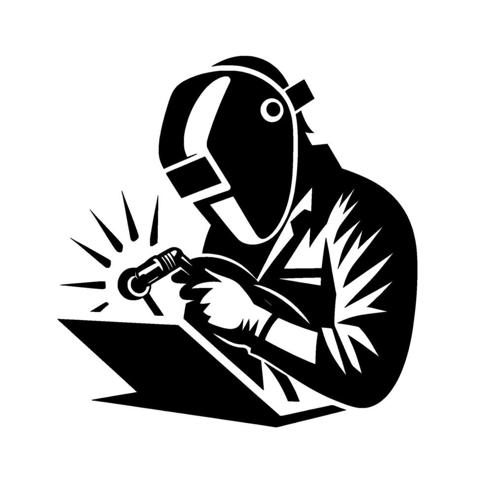Bold silhouette of a welder in action, depicting precision and skill with a shielding helmet and welding torch, capturing sparks and energy. vector
