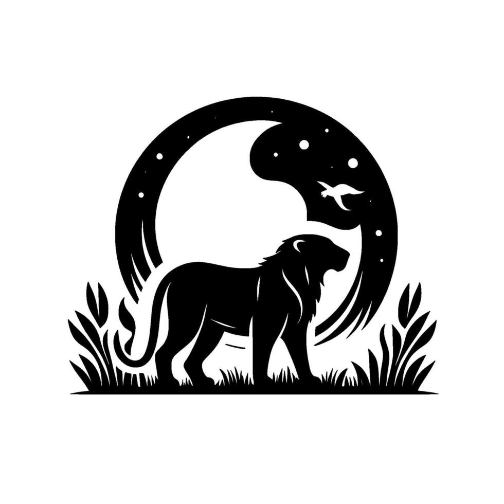 A majestic black lion silhouette standing proudly beneath a moonlit sky and stars, with a bird in flight, surrounded by stylized grass. vector