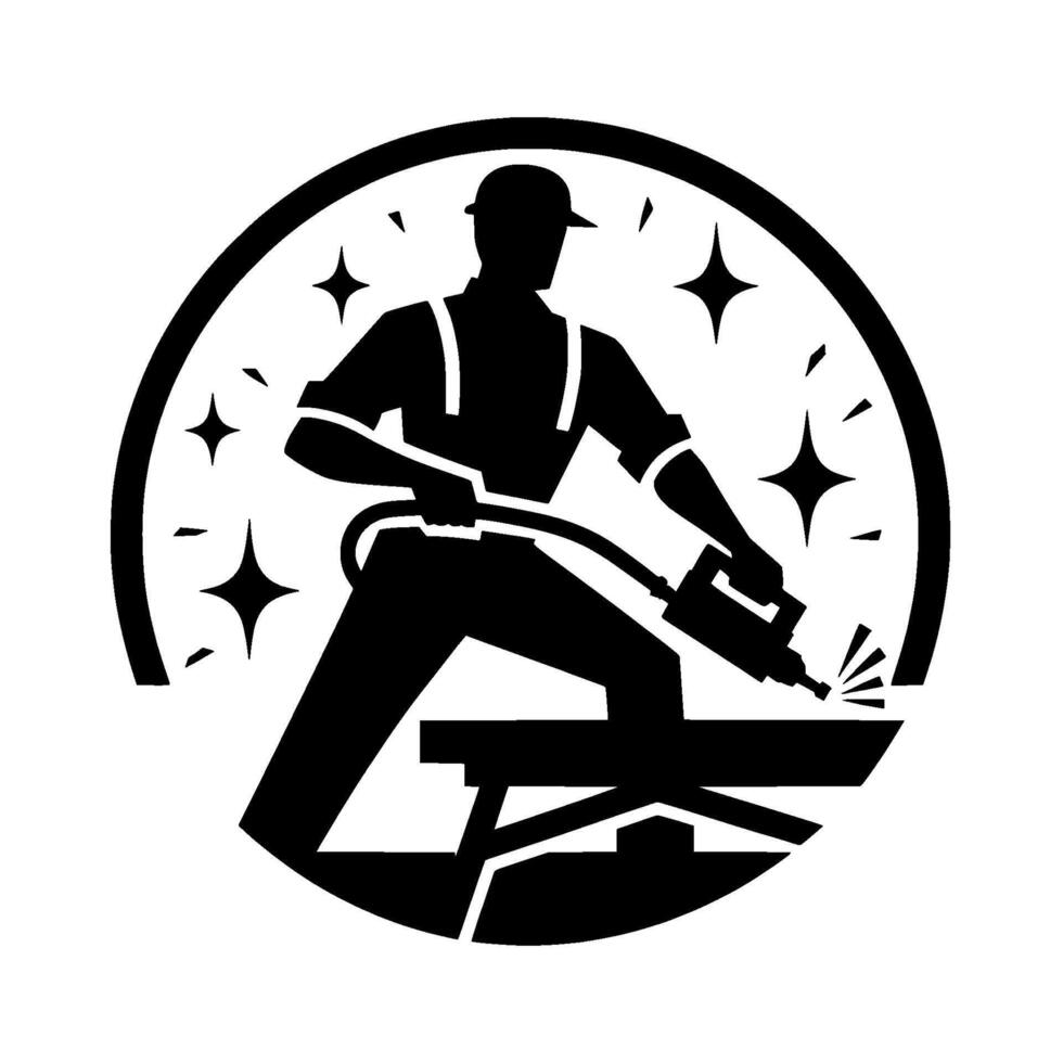 Silhouetted worker using a power tool on a workbench, framed by a circle and starburst accents, showcasing a sense of professionalism. vector