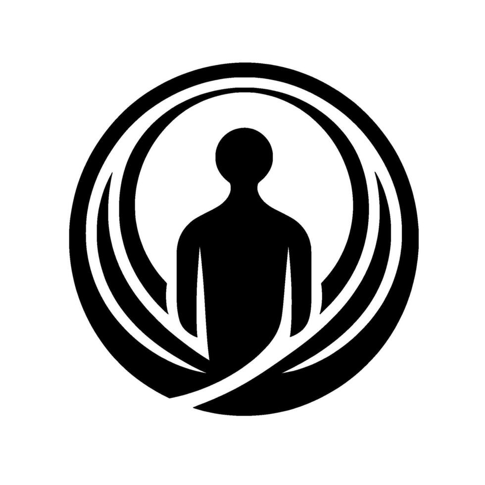 A stylized, minimalist black silhouette of a human figure enveloped within concentric circular and curved elements, suggesting protection and wholeness. vector