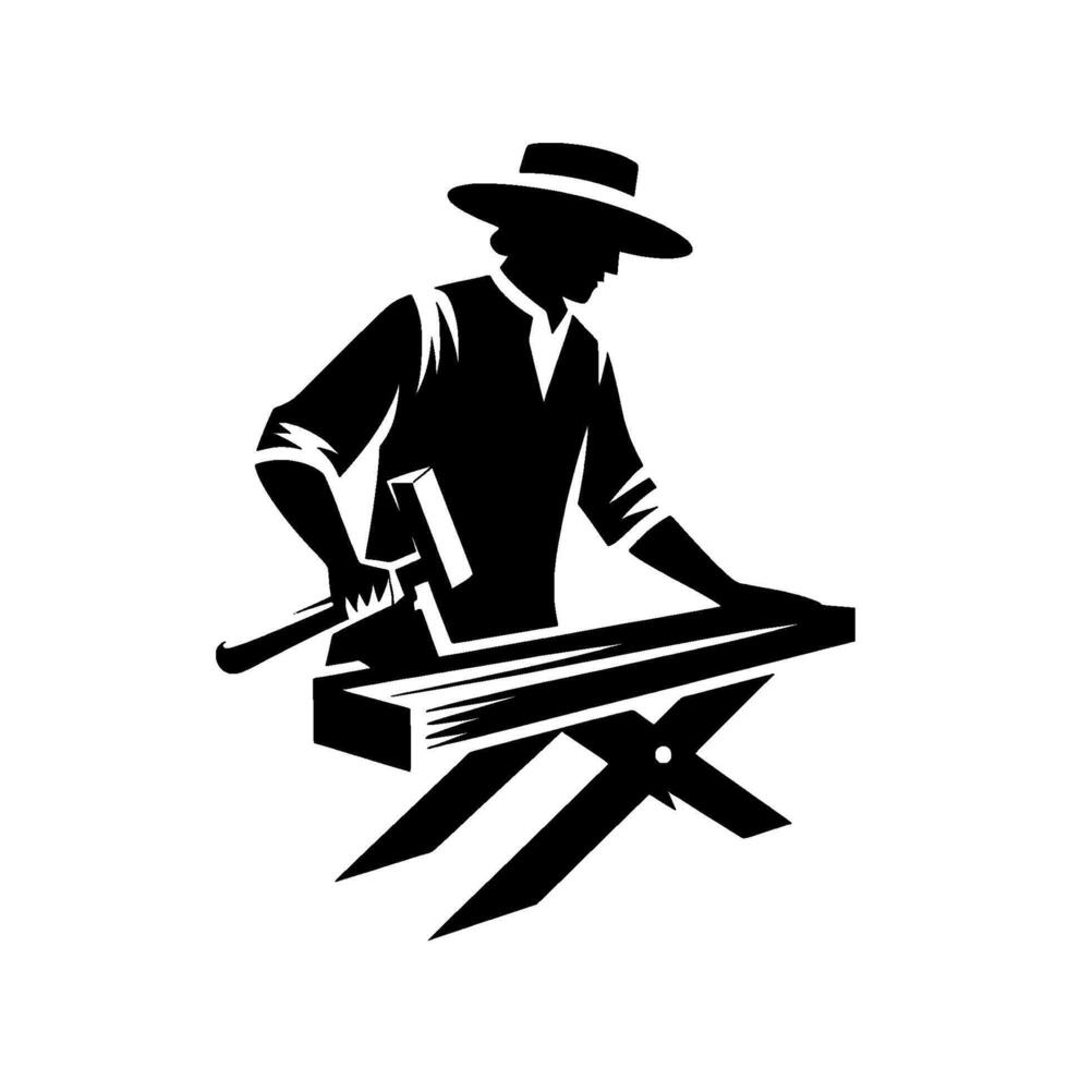 Silhouetted carpenter in a widebrimmed hat, hammering wood on sawhorse, emblem style. vector