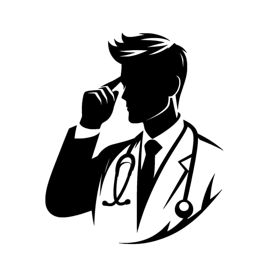 Silhouette of a thoughtful doctor a black and white illustration of a healthcare professional touching forehead, featuring stethoscope, reflecting medical expertise. vector