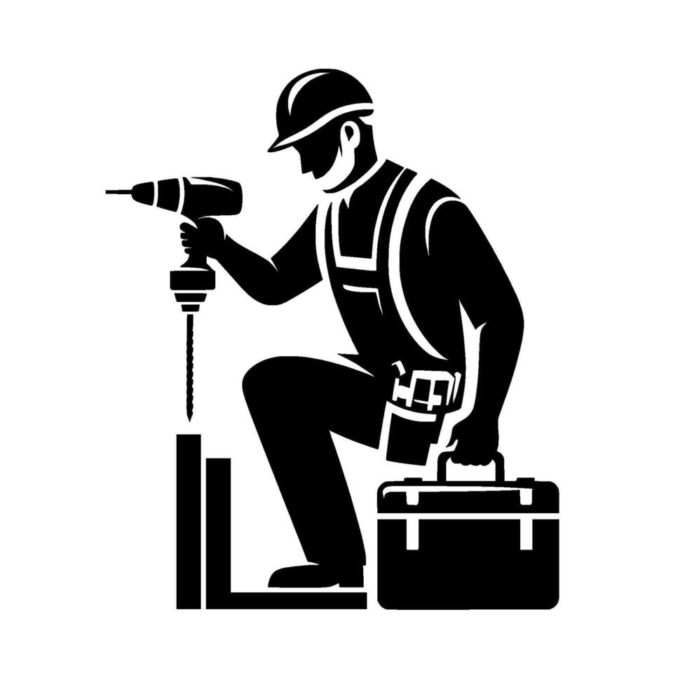 A silhouetted construction worker wearing safety gear kneels, drilling into a block of wood, accompanied by a toolbox, embodying industry and construction. vector