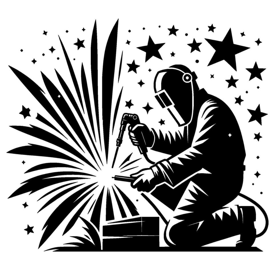 Silhouette of a welder kneeling, welding with starburst and star embellishments, artistic black and white illustration vector