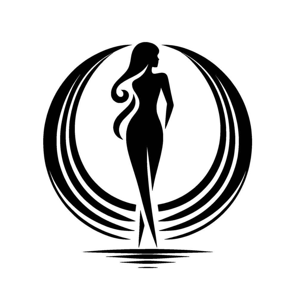 Silhouetted elegant woman with flowing hair inside a stylized circular frame, evoking fashion, beauty, and grace on a stark white background. vector