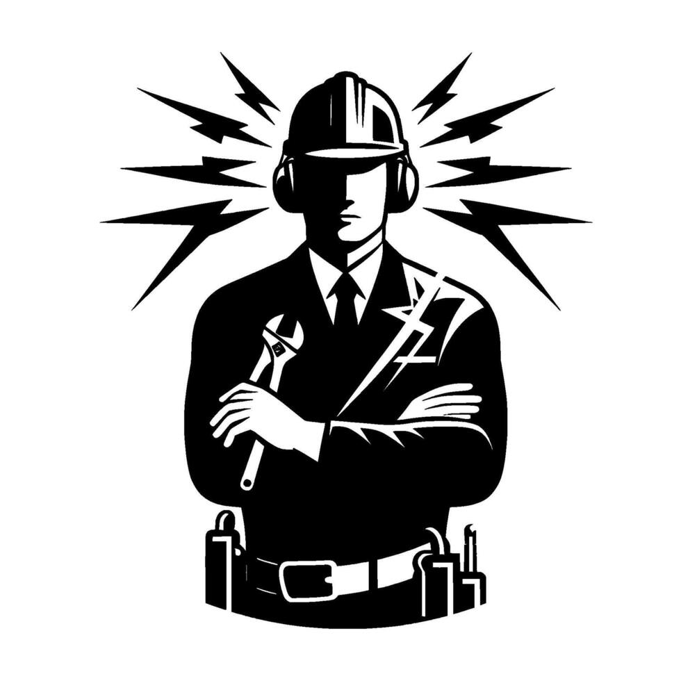 Stern silhouette of an electrician a hard hatwearing professional with a wrench and lightning bolts in a bold, black and white composition. vector