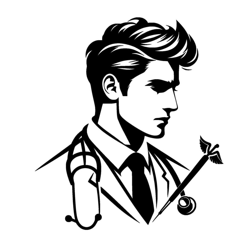 Elegant black and white illustration of a sophisticated male doctor with medical symbol and stethoscope, symbolizing healthcare and professionalism. vector
