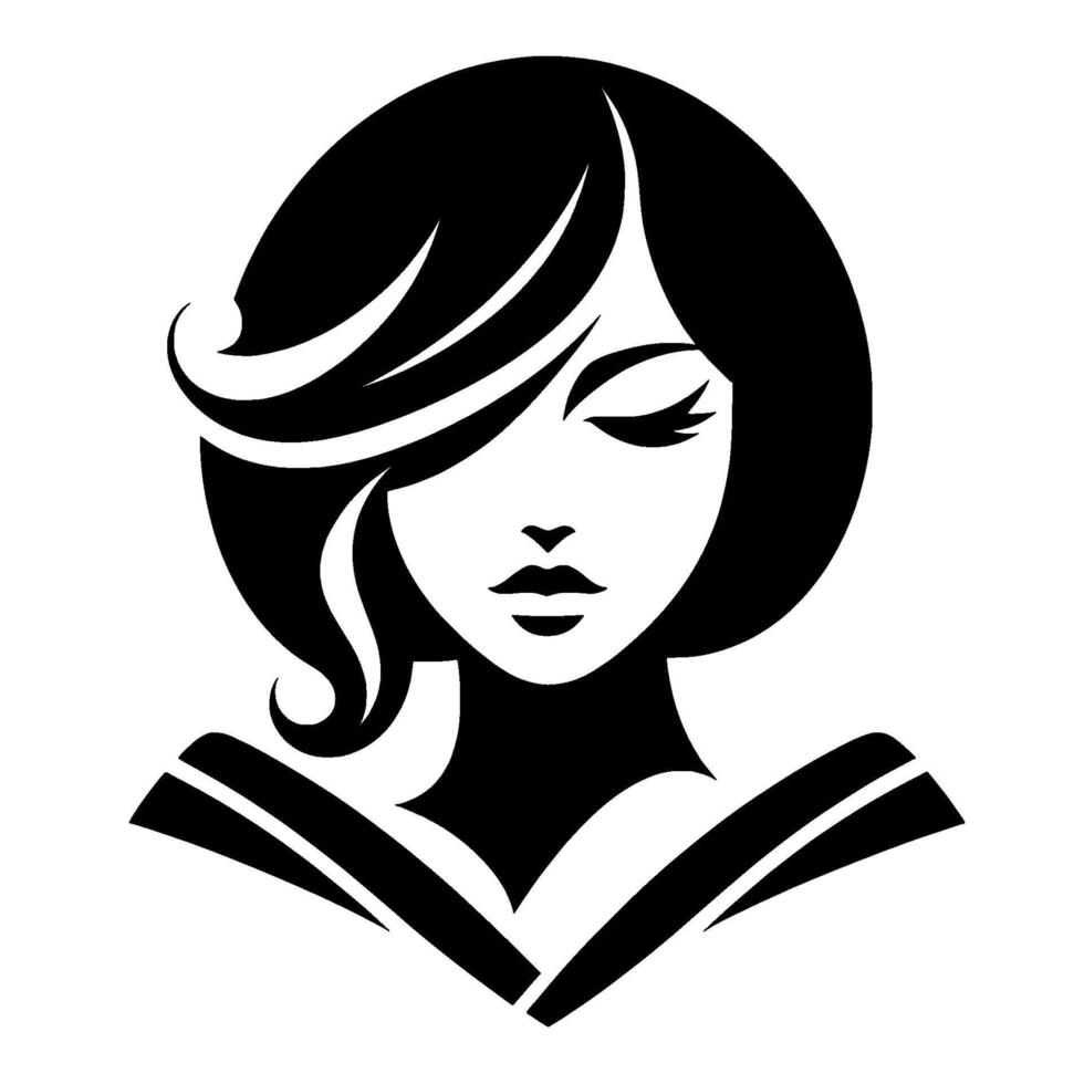 Elegant black and white silhouette of a woman with short hair, closed eyes, and a serene expression, evoking sophistication and classic beauty. vector