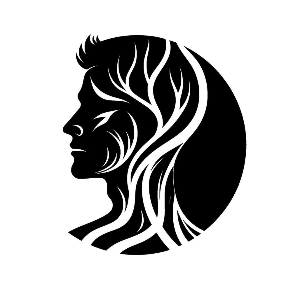 A stylized black and white illustration of a mans profile, merging his form with a treelike organic structure within a circular frame. vector
