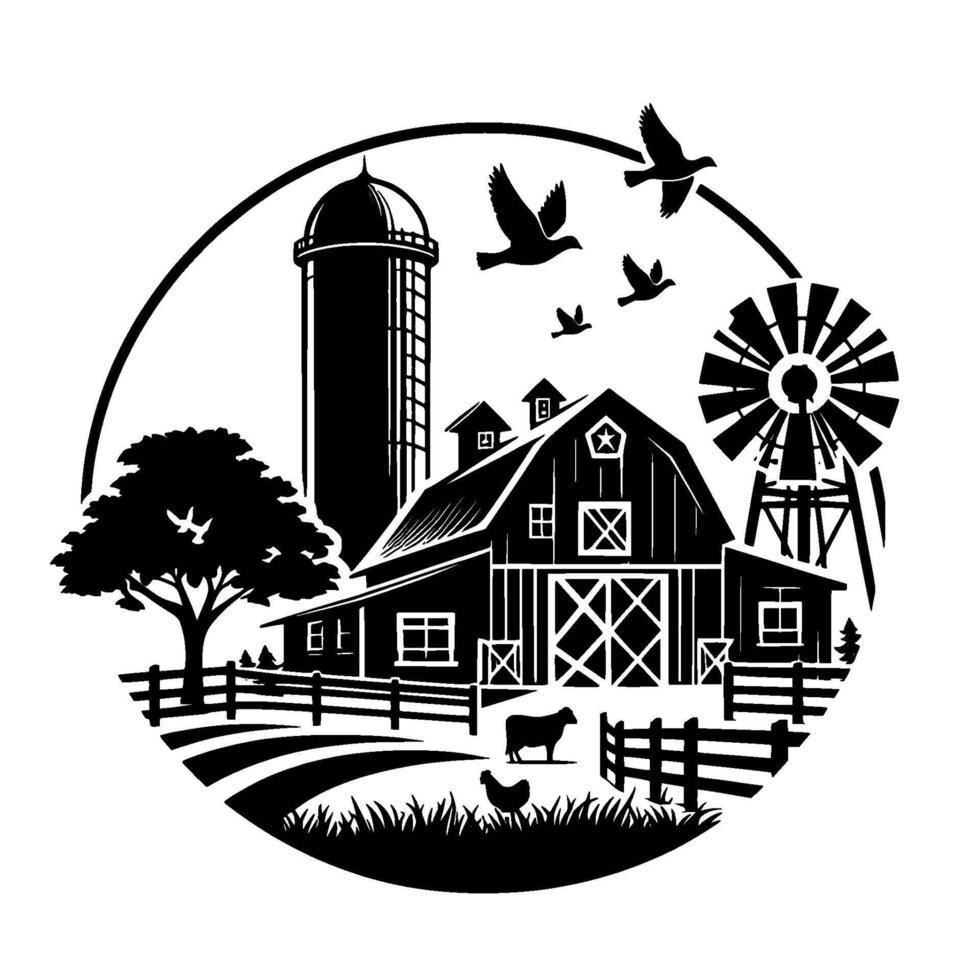 Silhouetted farm scene within a circle barn, silo, windmill, birds, and livestock in a simple, elegant design. vector
