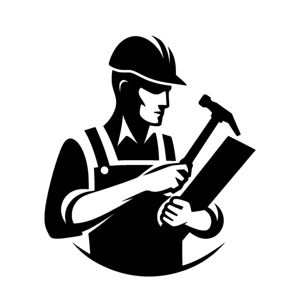 Silhouette of a construction worker in overalls and hard hat, holding a hammer and plank of wood, representing carpentry. vector