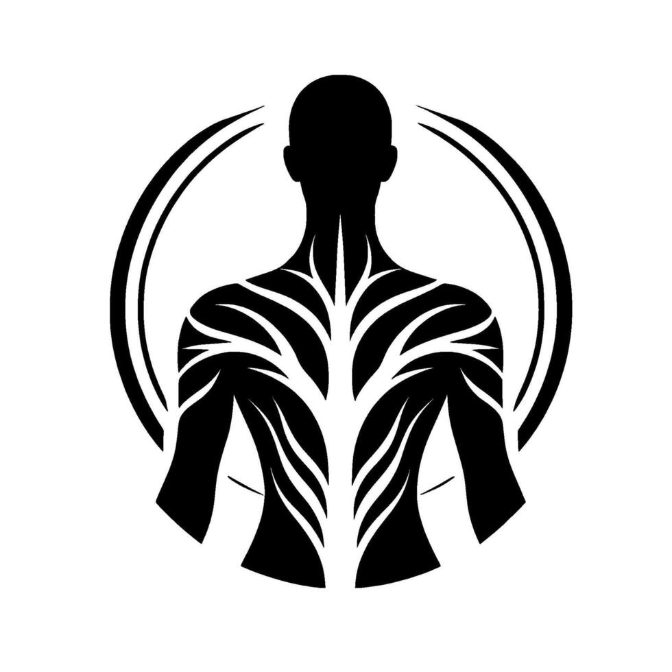 Abstract silhouette of human torso with veinlike patterns and circular design, representing body and energy. vector